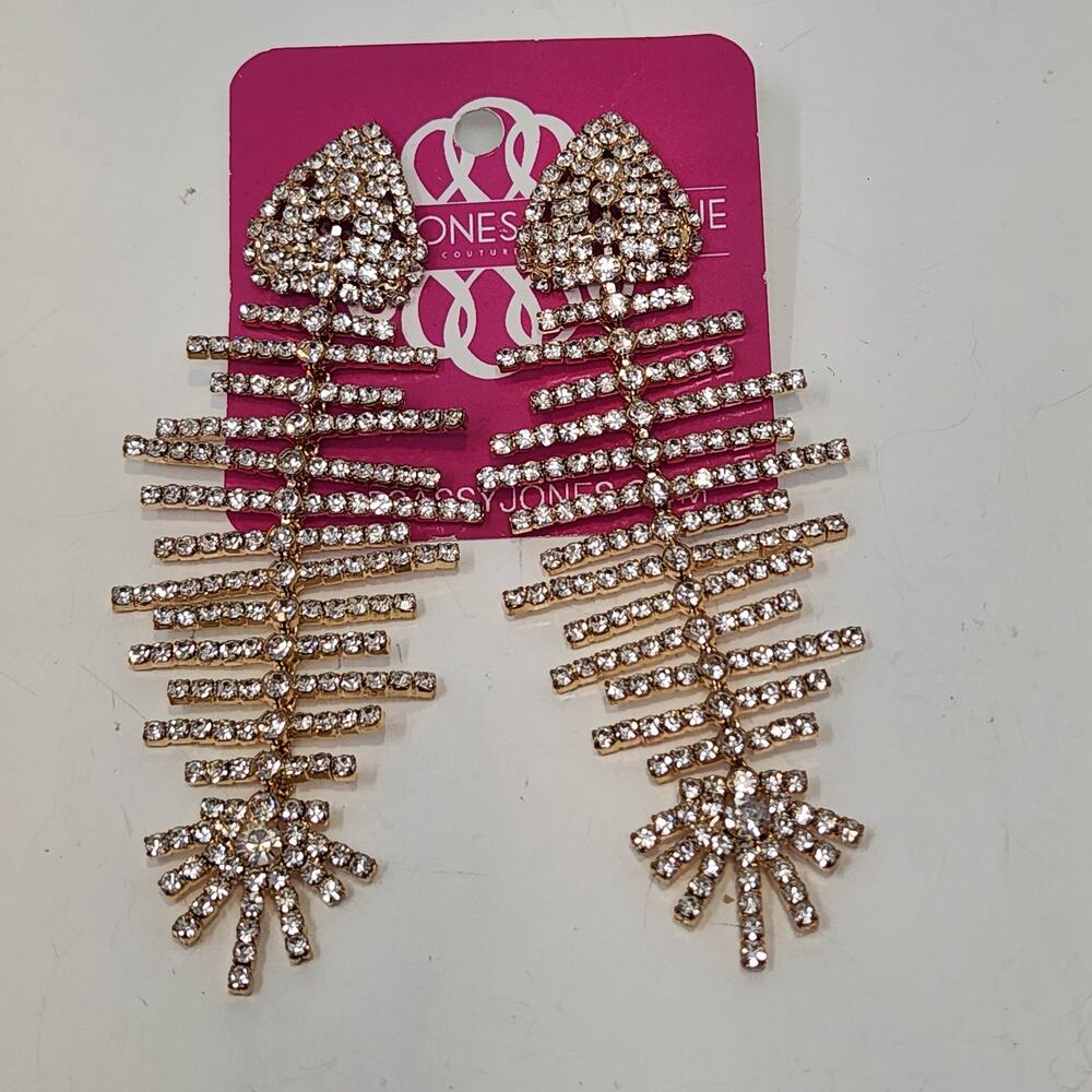 Sassy Jones Fish Bone Gold Tone Crystal Post Earrings Statement Drama Dangle